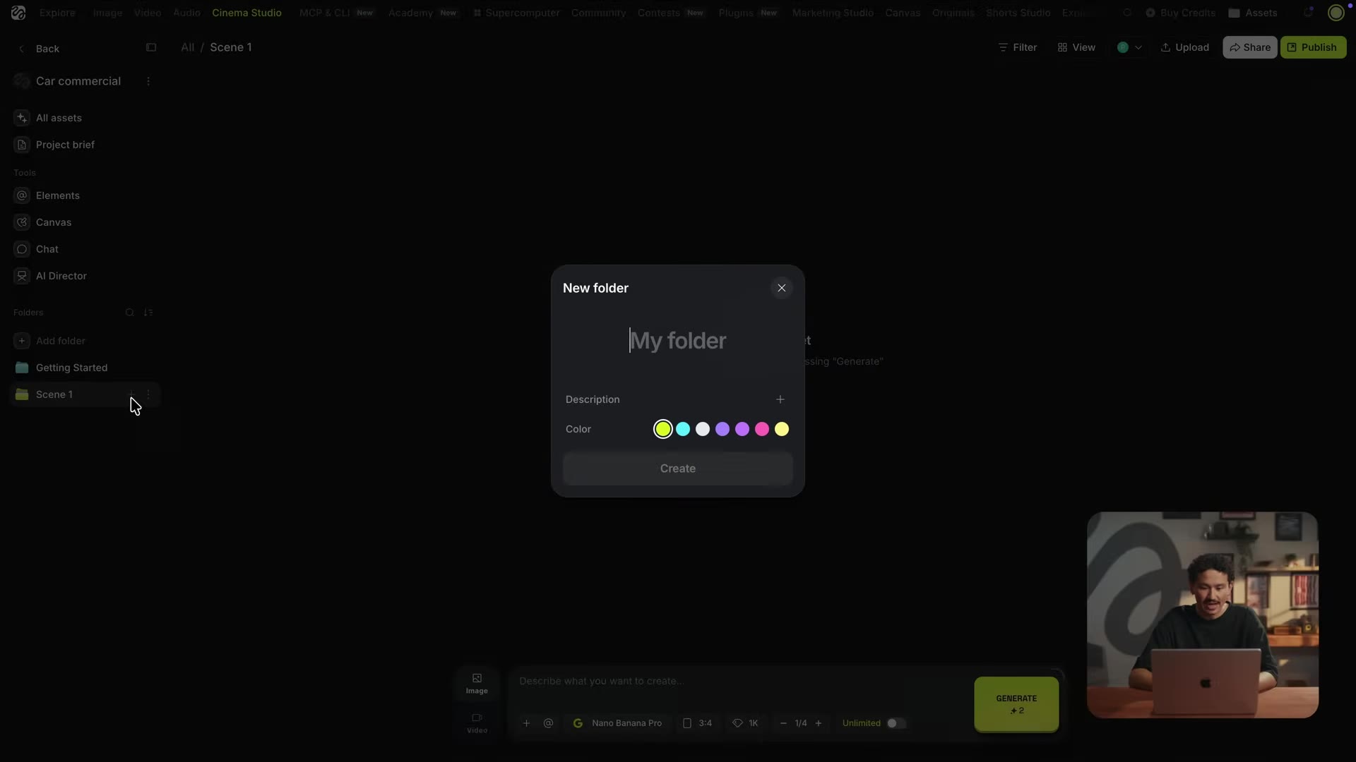 Cinema Studio new-folder dialog inside the car commercial project, with Scene 1, Character sheet, Location, and Props folders
